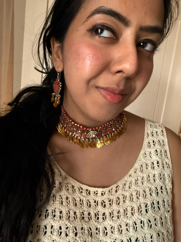 Coral Polki Kundan 925 Silver Necklace Set | SHIVKA