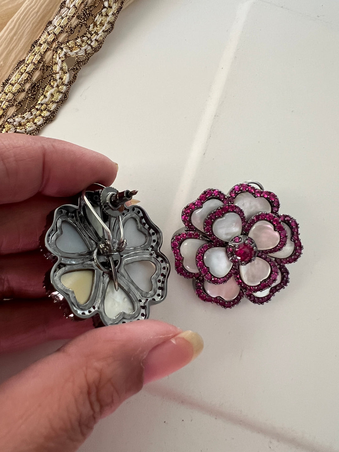 Elegant Designer Mother of Pearl (MOP) Stud Earrings | Brass & Stone Embellishments