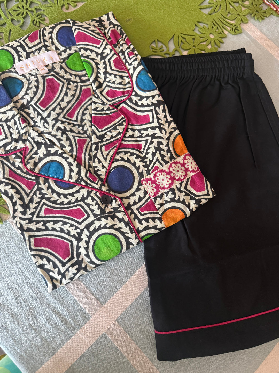 Designer Indian Print Cotton Night Suit - (Shirt and Shorts) Set of Two