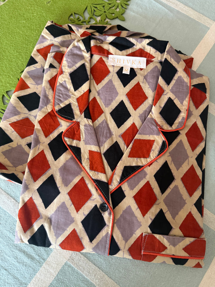 Pure Cotton Diamond Print Pajama Set – Two-Piece Loungewear