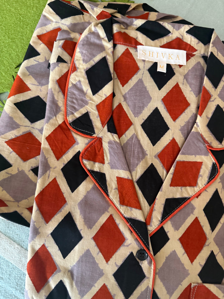 Pure Cotton Diamond Print Pajama Set – Two-Piece Loungewear