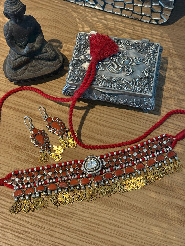 Coral Polki Kundan 925 Silver Necklace Set | SHIVKA