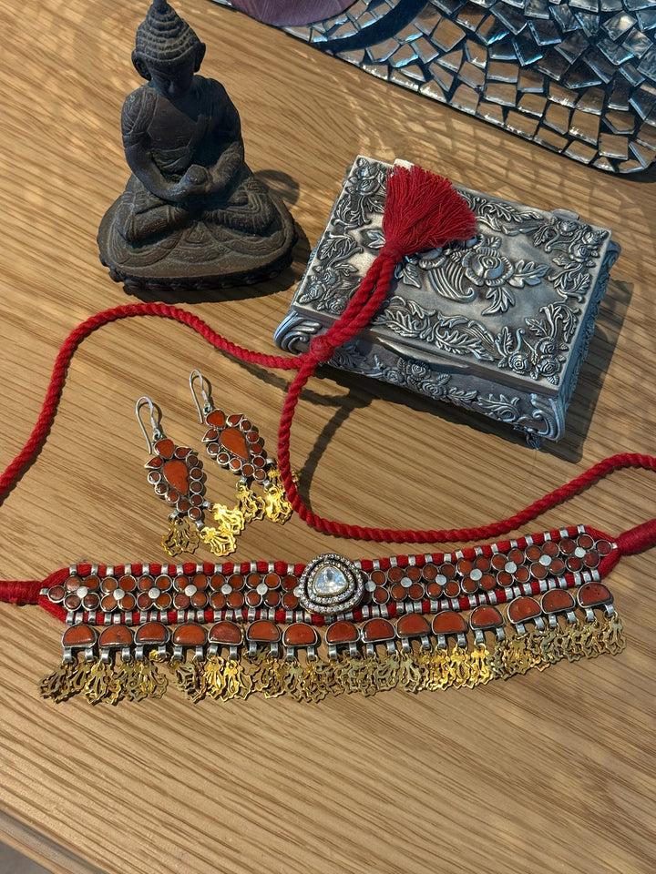 Coral Polki Kundan 925 Silver Necklace Set | SHIVKA