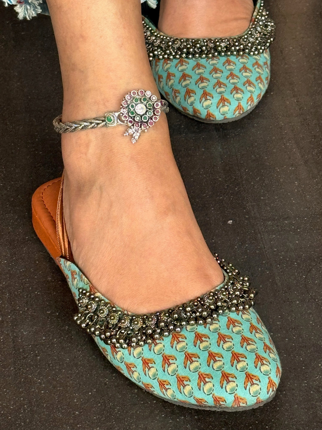 925 Tribal Silver Anklets with Stones & Ghungroos | SHIVKA Set of 2