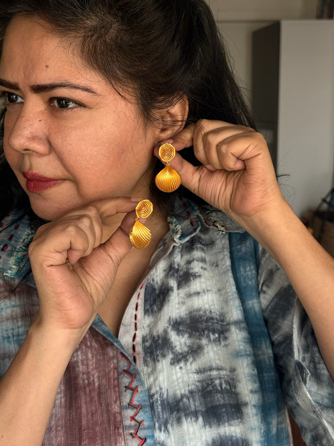 Elegant Gold Brass Pushback Earrings | SHIVKA Statement Pair
