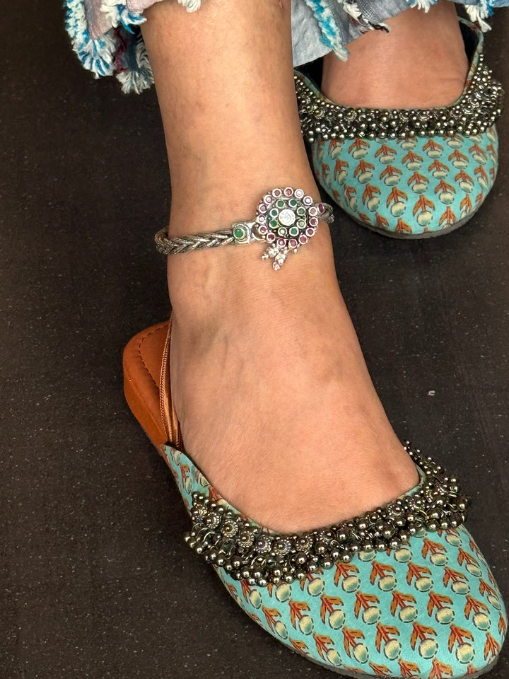 925 Tribal Silver Anklets with Stones & Ghungroos | SHIVKA Set of 2