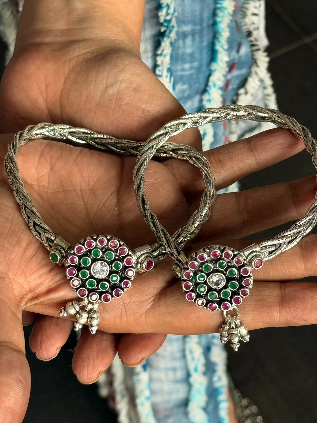 925 Tribal Silver Anklets with Stones & Ghungroos | SHIVKA Set of 2