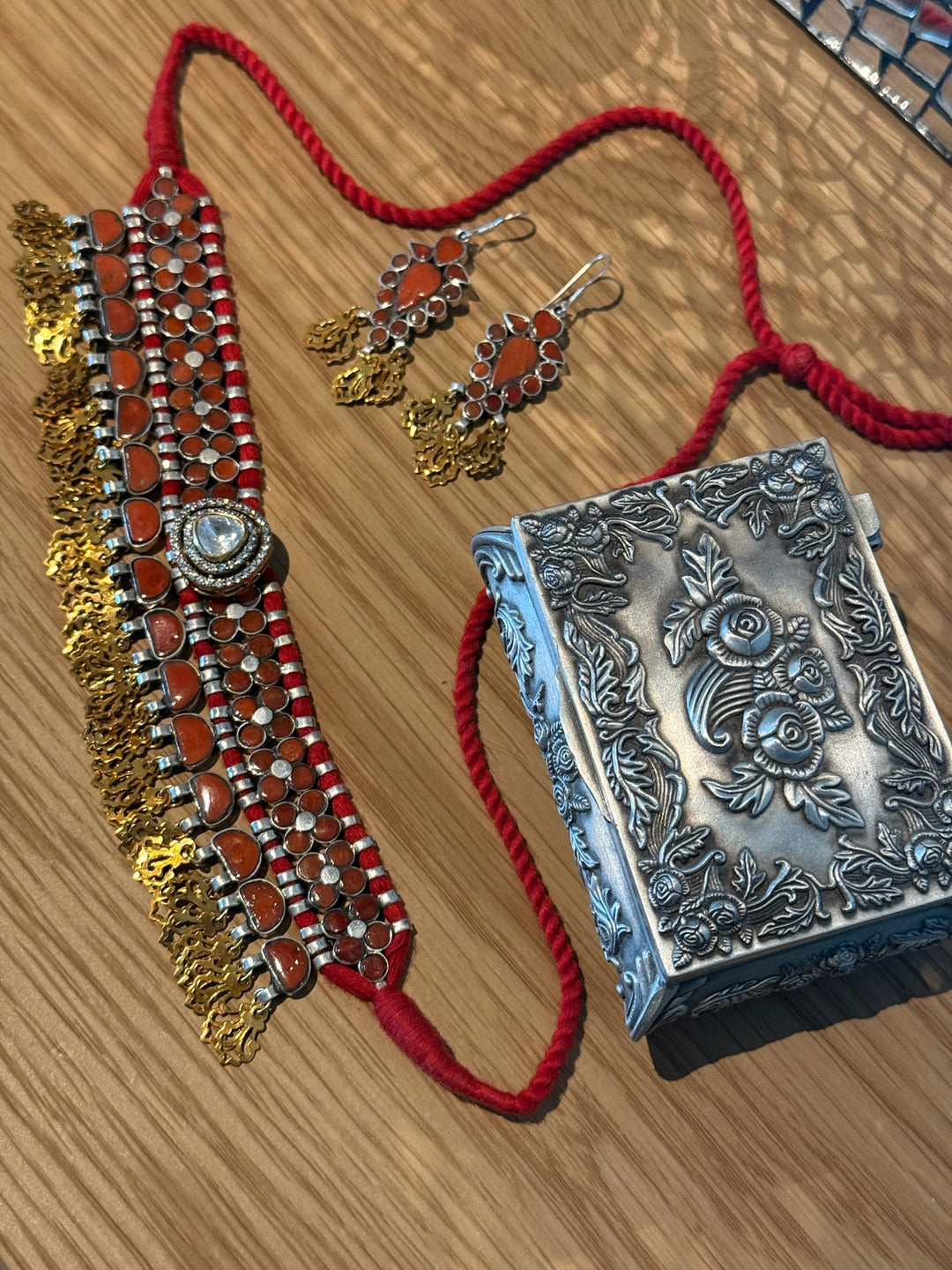 Coral Polki Kundan 925 Silver Necklace Set | SHIVKA