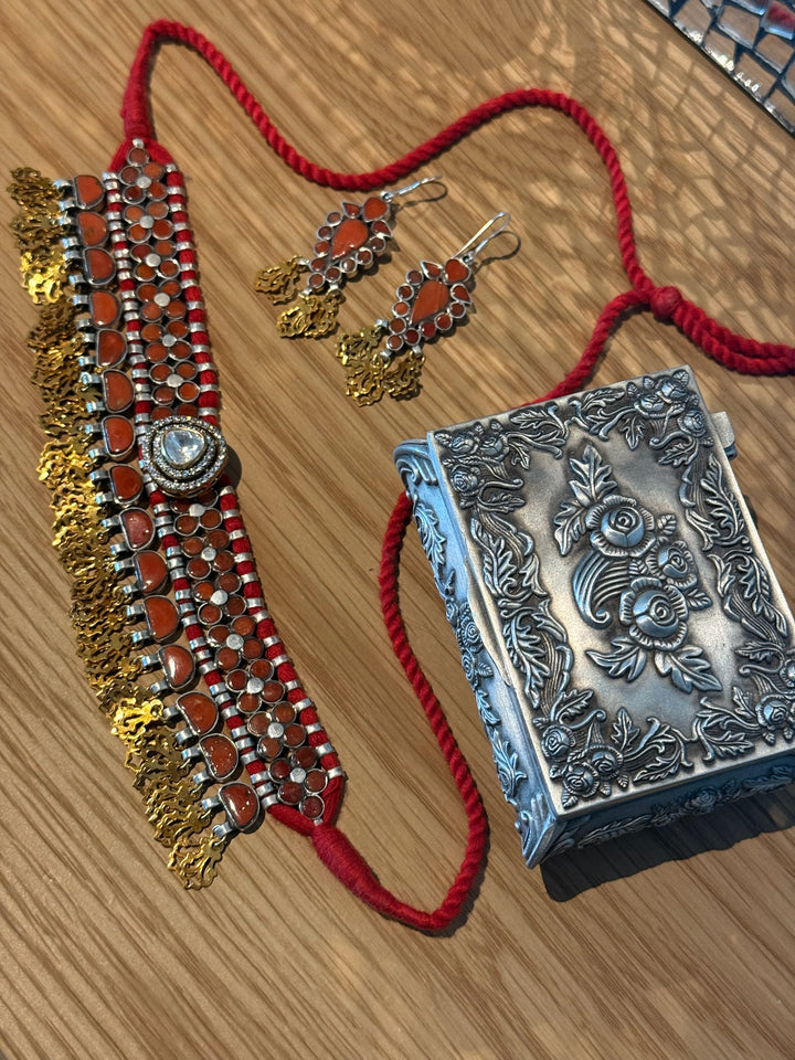 Coral Polki Kundan 925 Silver Necklace Set | SHIVKA