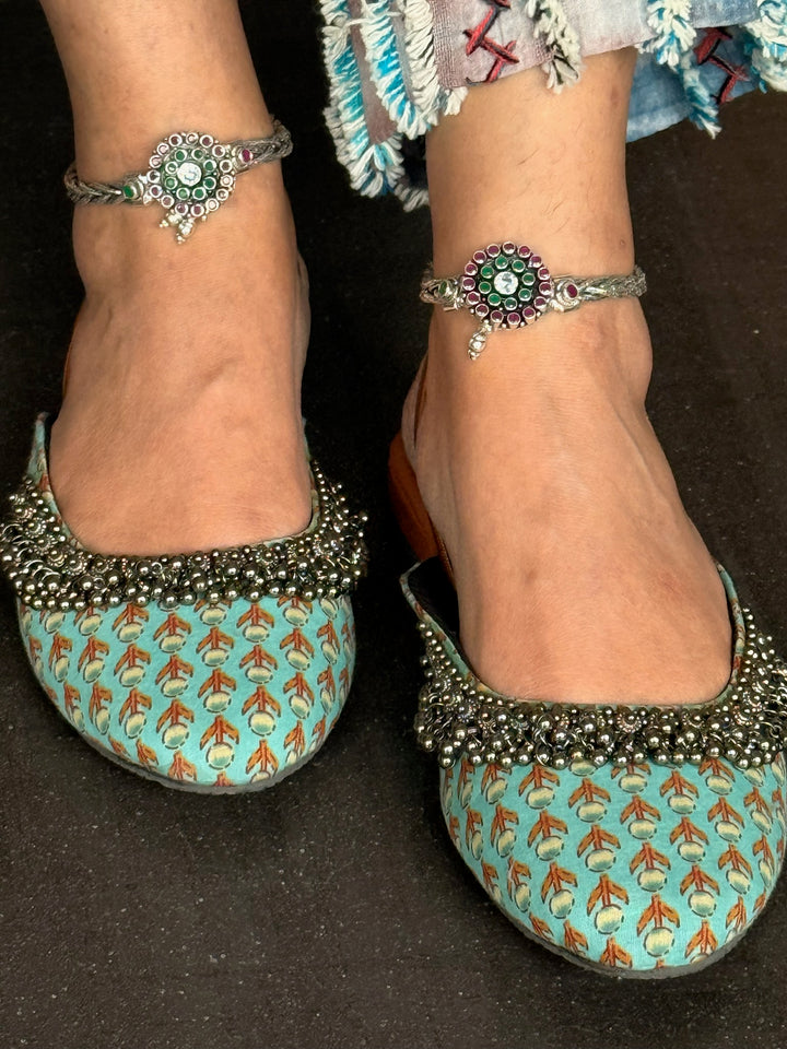 925 Tribal Silver Anklets with Stones & Ghungroos | SHIVKA Set of 2