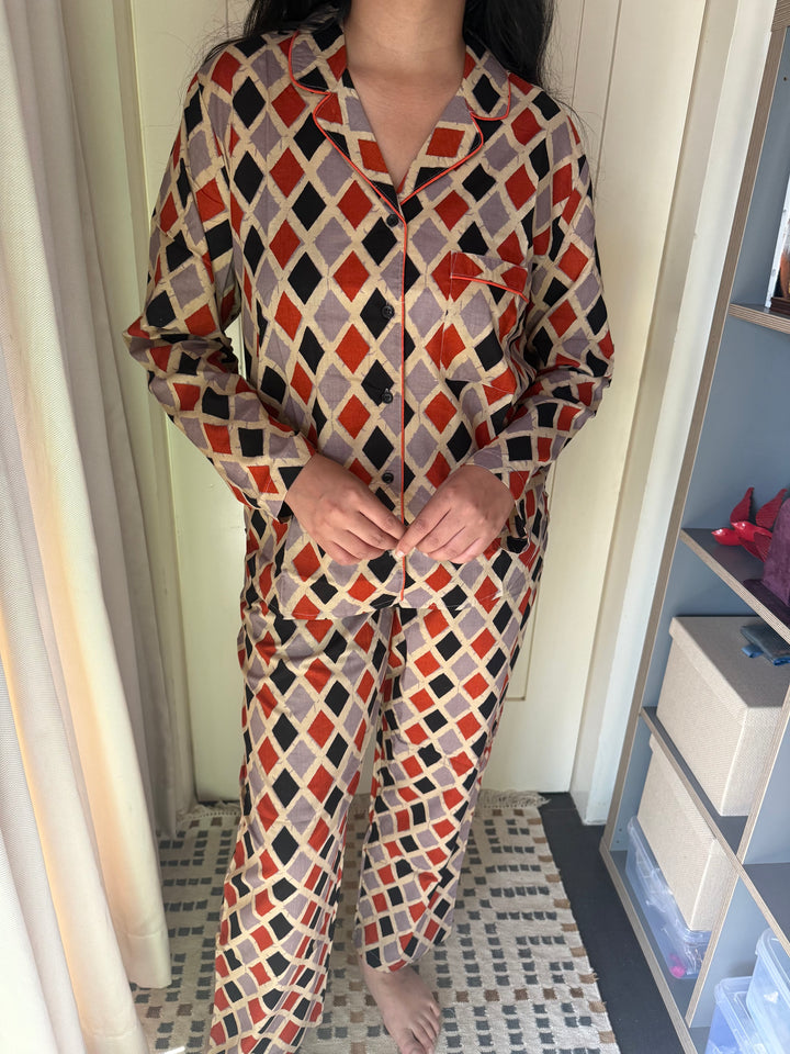 Pure Cotton Diamond Print Pajama Set – Two-Piece Loungewear