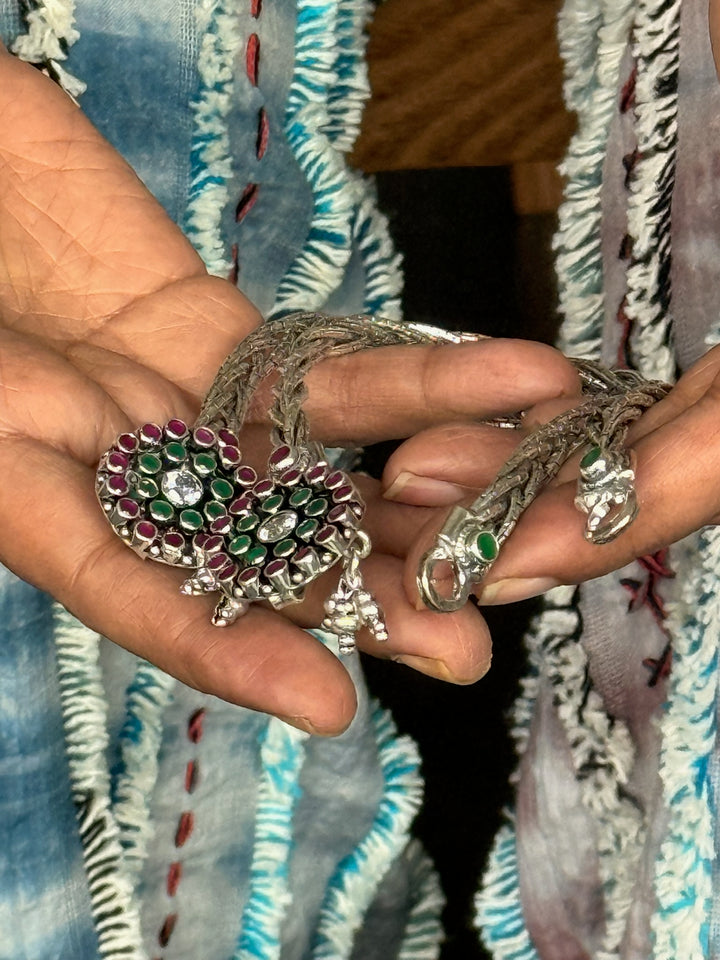 925 Tribal Silver Anklets with Stones & Ghungroos | SHIVKA Set of 2