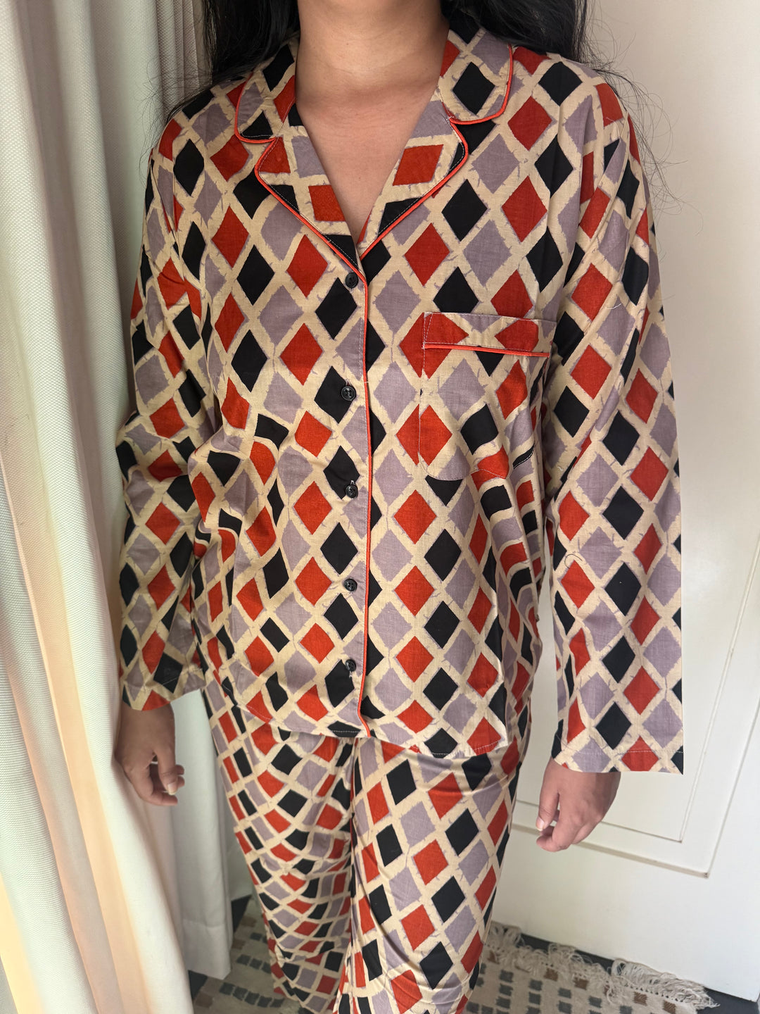 Pure Cotton Diamond Print Pajama Set – Two-Piece Loungewear