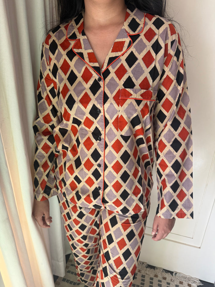 Pure Cotton Diamond Print Pajama Set – Two-Piece Loungewear