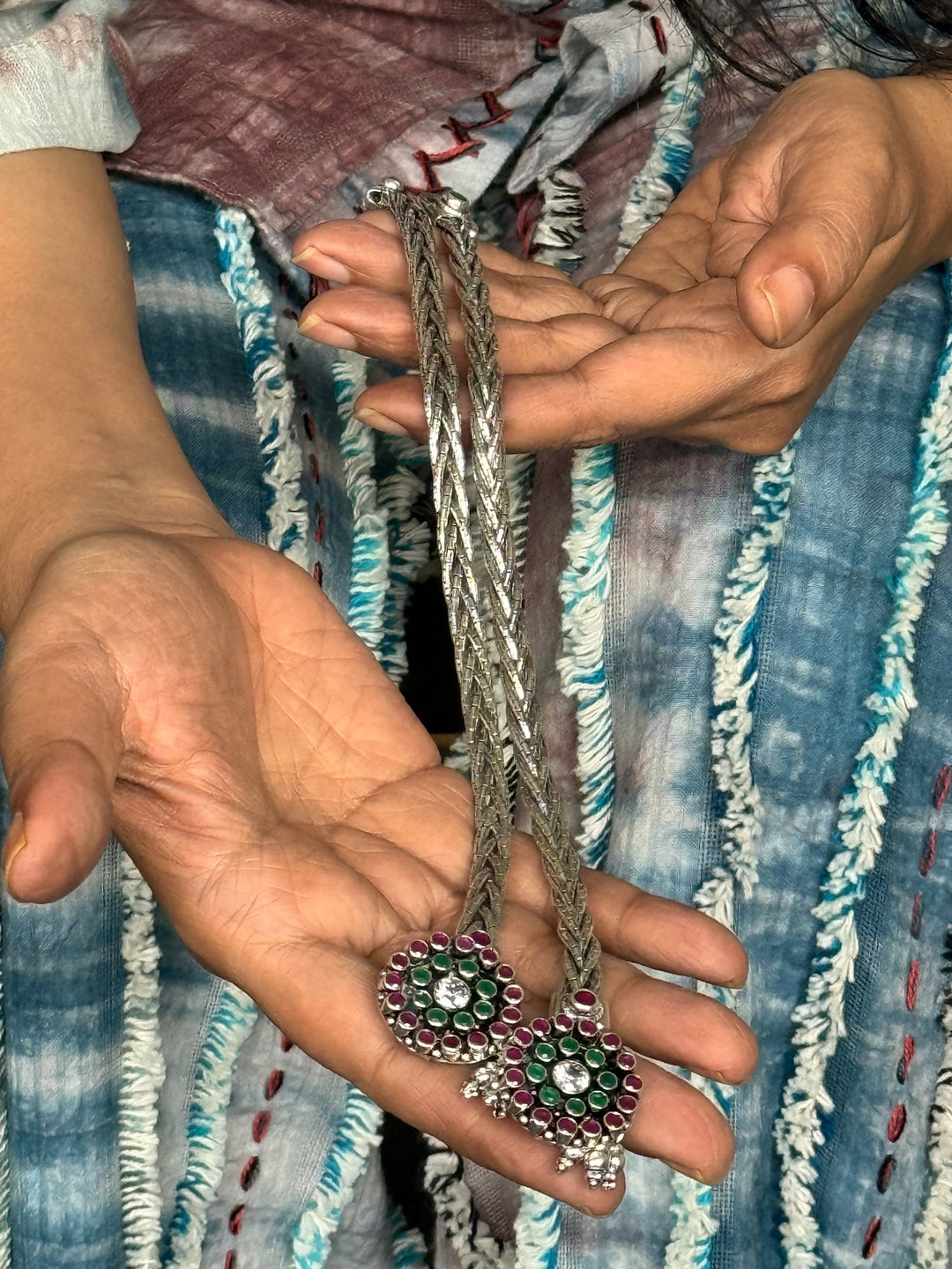 925 Tribal Silver Anklets with Stones & Ghungroos | SHIVKA Set of 2