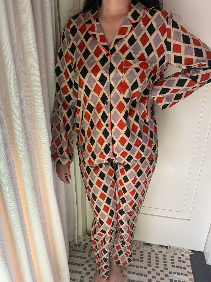 Pure Cotton Diamond Print Pajama Set – Two-Piece Loungewear