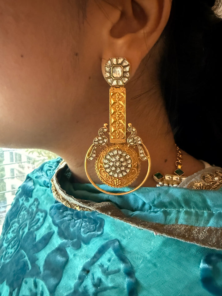 925 Silver Twin Peacock Kundan Earrings | SHIVKA