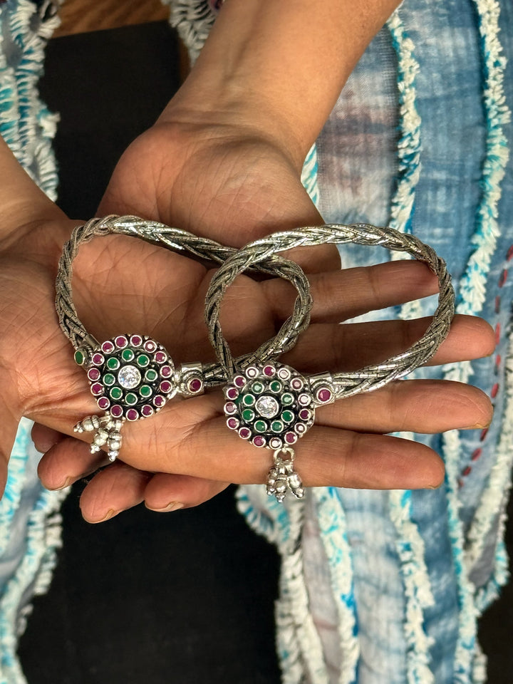 925 Tribal Silver Anklets with Stones & Ghungroos | SHIVKA Set of 2