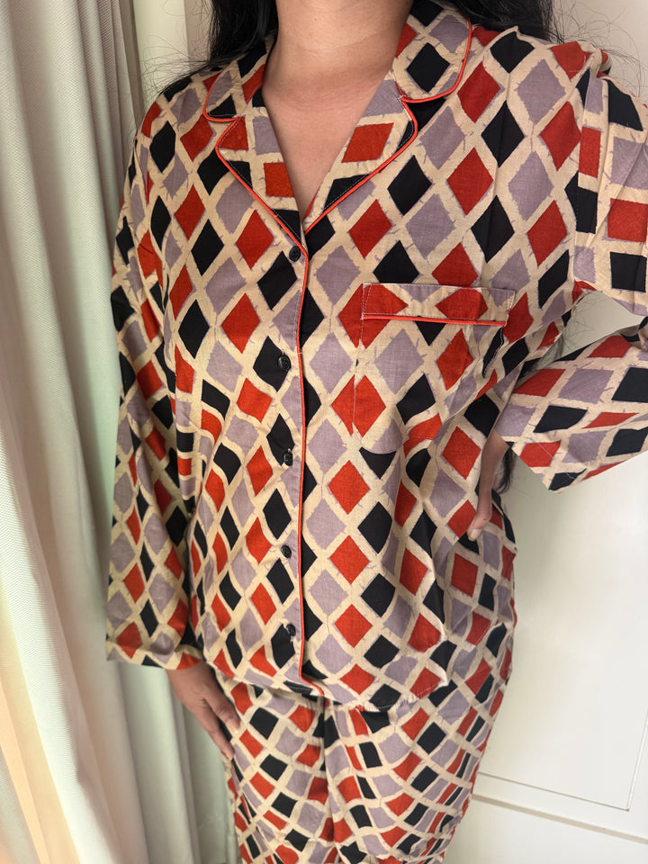 Pure Cotton Diamond Print Pajama Set – Two-Piece Loungewear