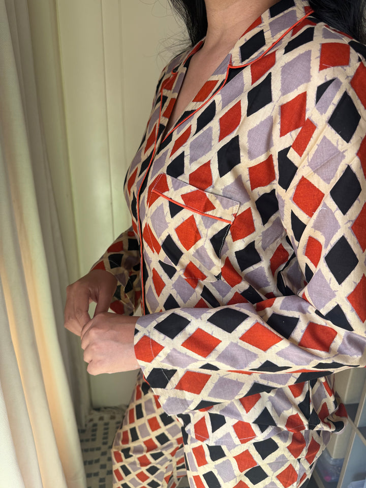 Pure Cotton Diamond Print Pajama Set – Two-Piece Loungewear