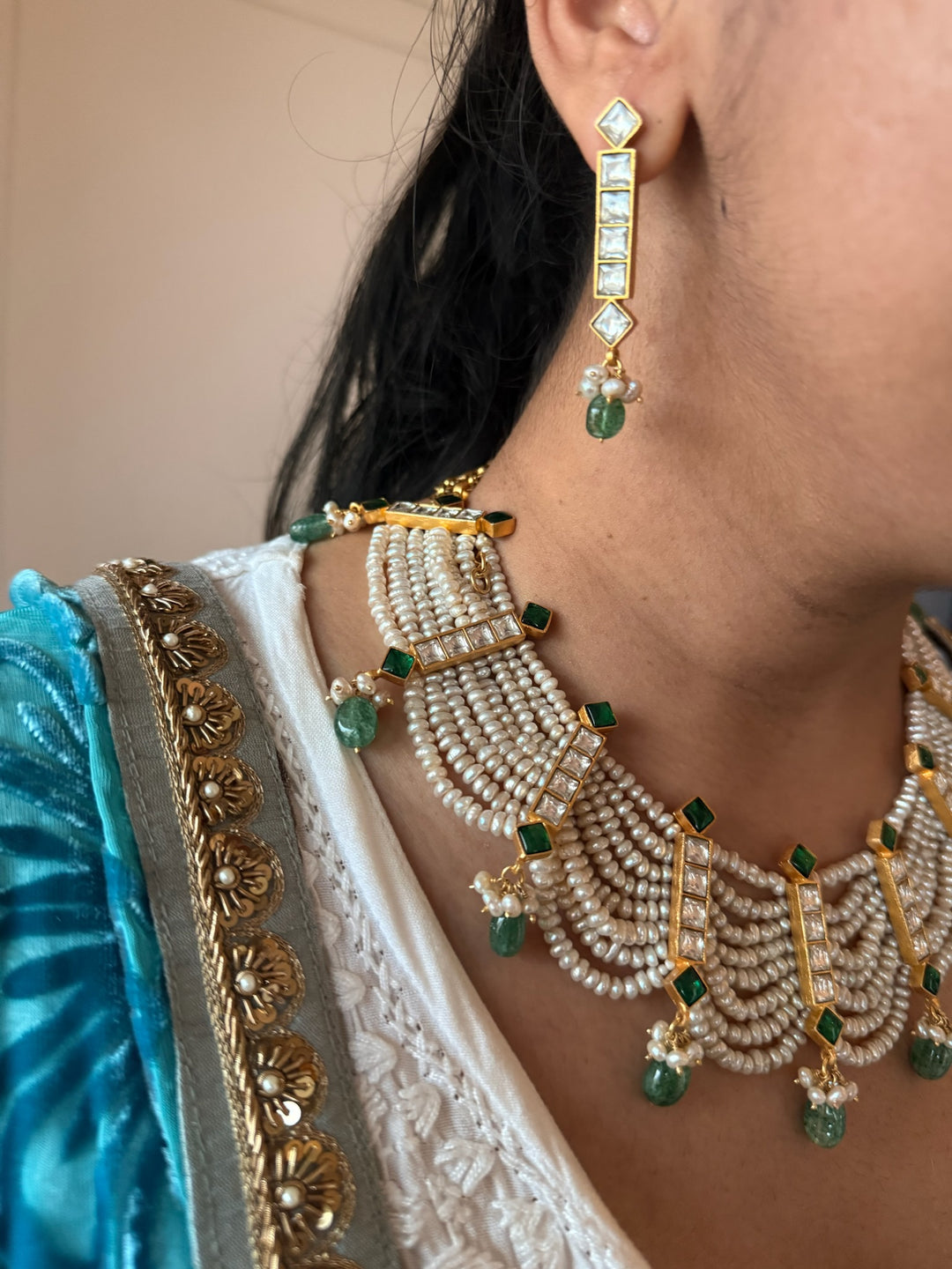 925 Silver Freshwater Pearl Kundan Necklace Set | SHIVKA