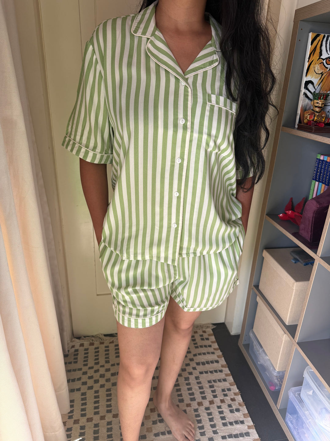 Striped Green Cotton Night Suit - Set of Two