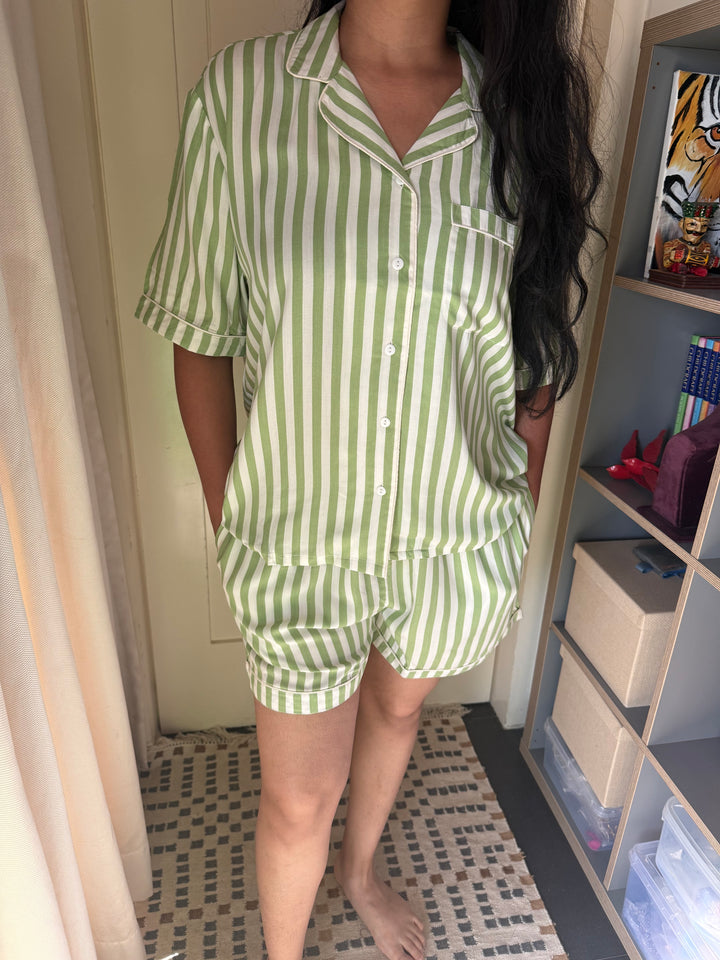 Striped Green Cotton Night Suit - Set of Two