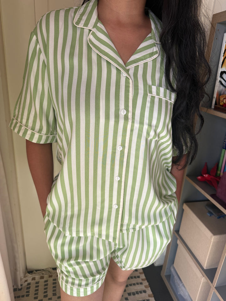 Striped Green Cotton Night Suit - Set of Two