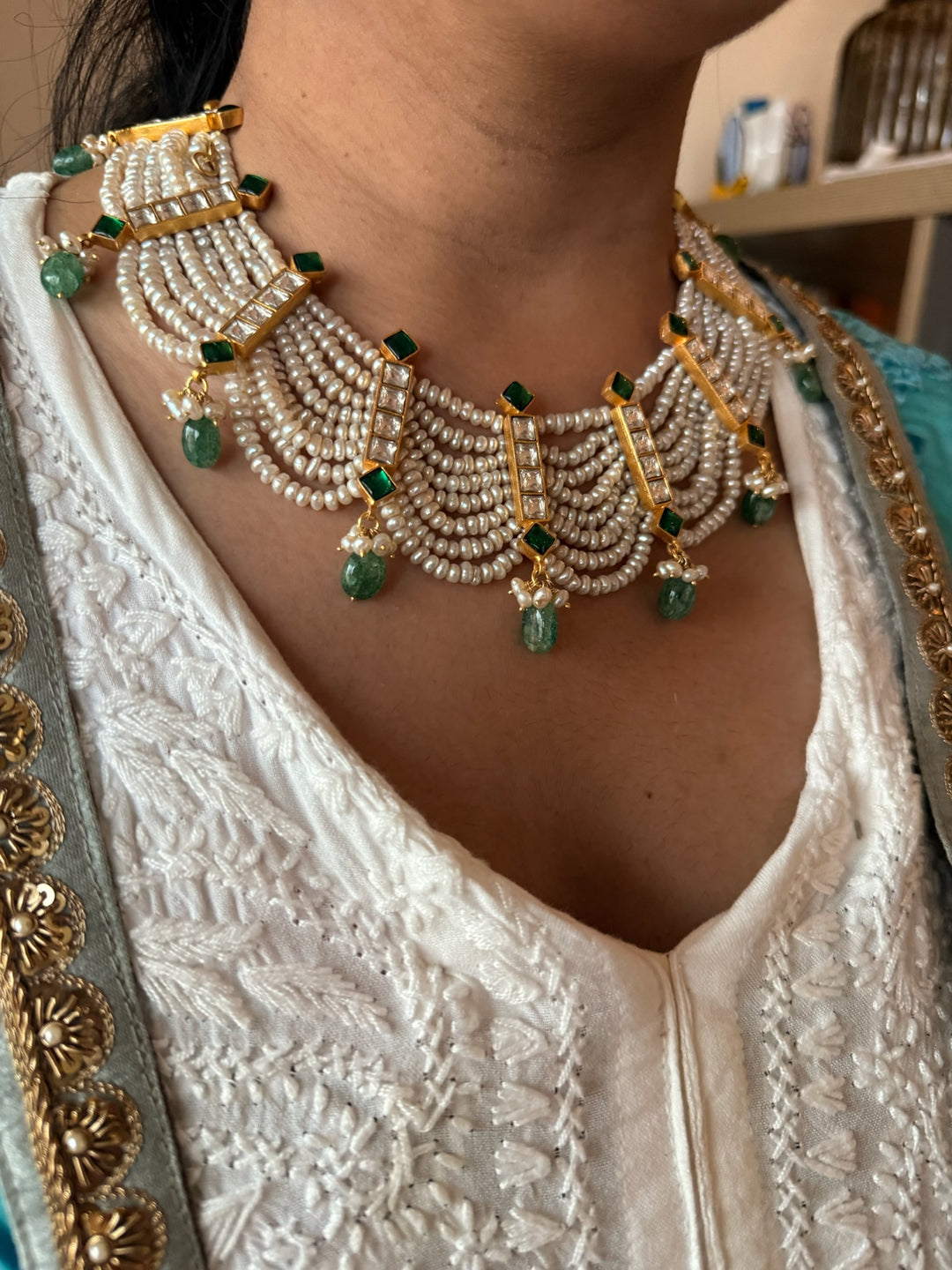 925 Silver Freshwater Pearl Kundan Necklace Set | SHIVKA