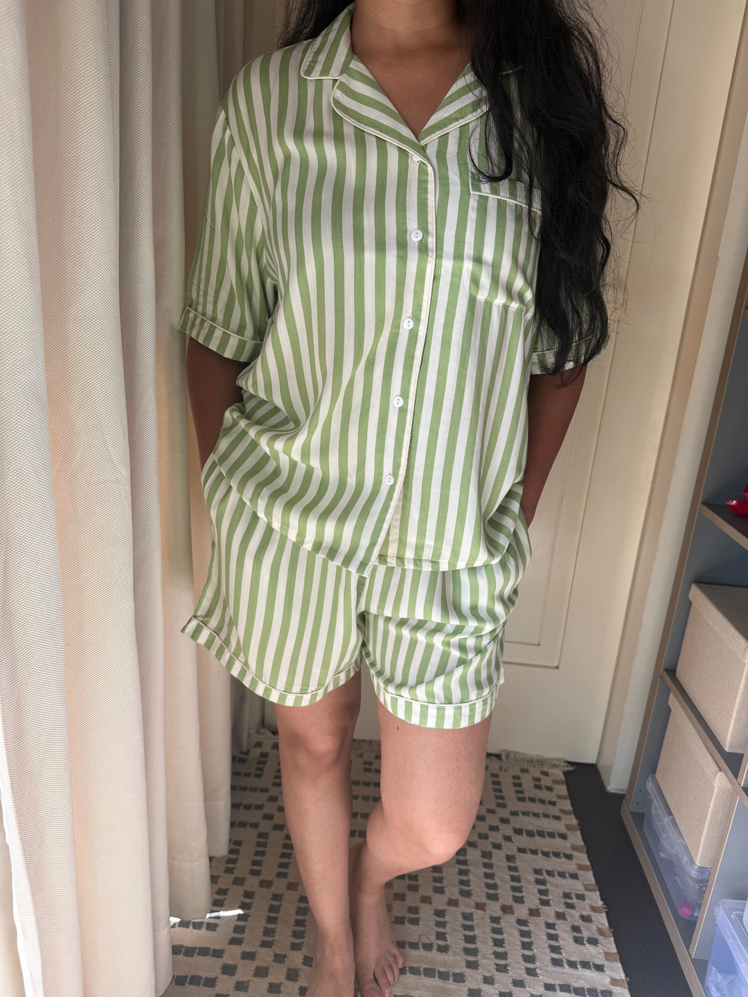 Striped Green Cotton Night Suit - Set of Two