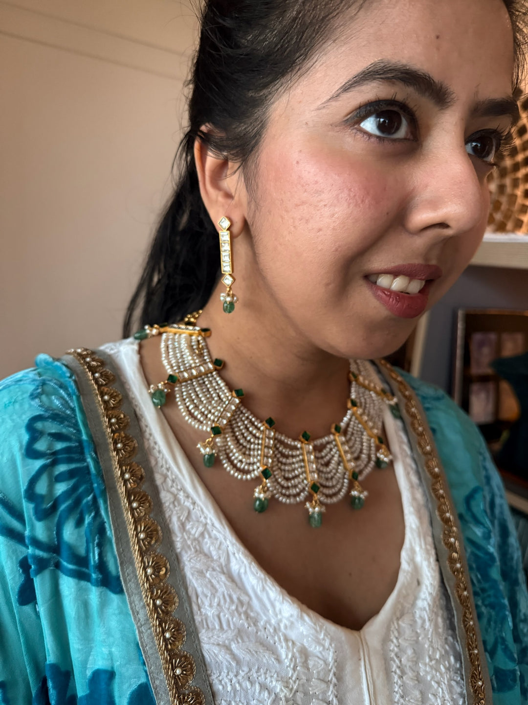 925 Silver Freshwater Pearl Kundan Necklace Set | SHIVKA