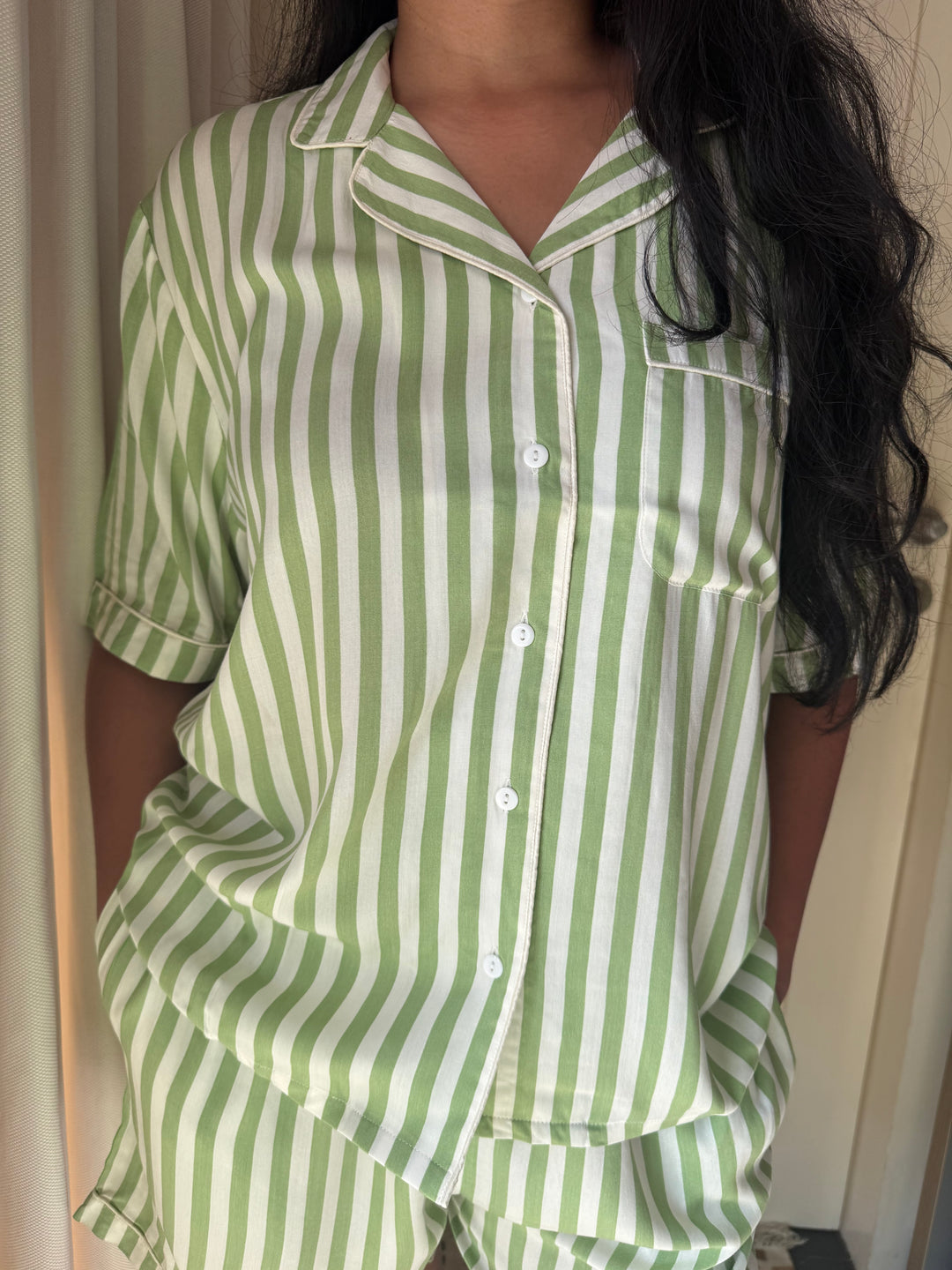 Striped Green Cotton Night Suit - Set of Two