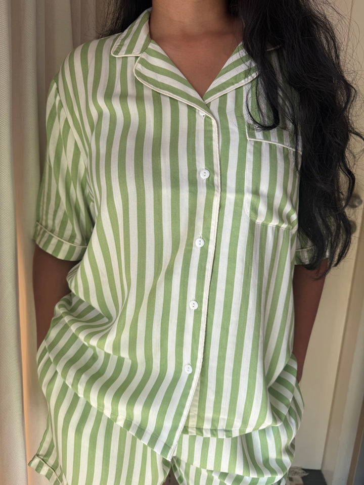Striped Green Cotton Night Suit - Set of Two
