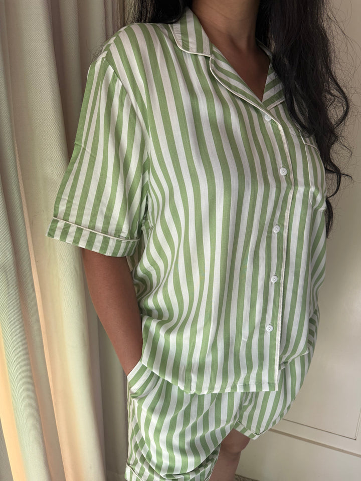 Striped Green Cotton Night Suit - Set of Two