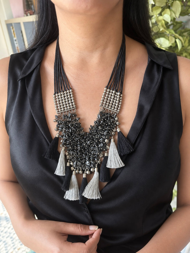 Black Beaded Tribal Tassel Necklace