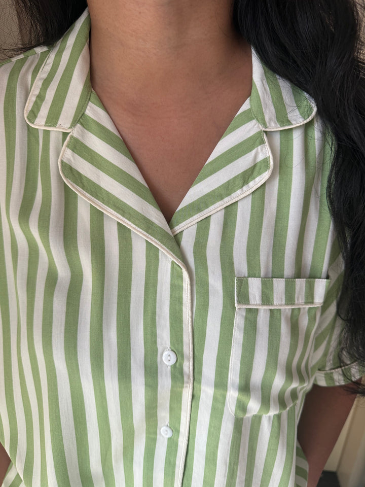 Striped Green Cotton Night Suit - Set of Two
