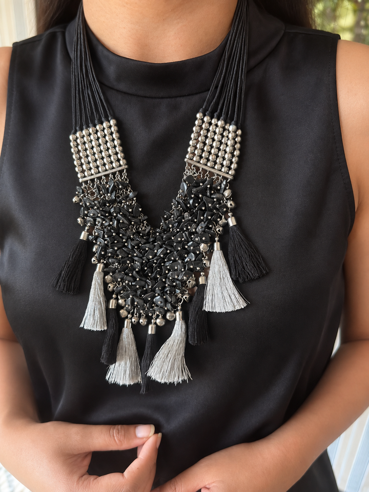Black Beaded Tribal Tassel Necklace