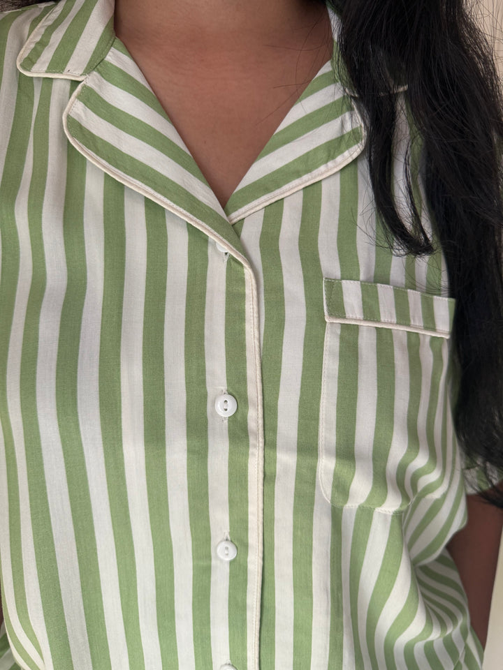 Striped Green Cotton Night Suit - Set of Two