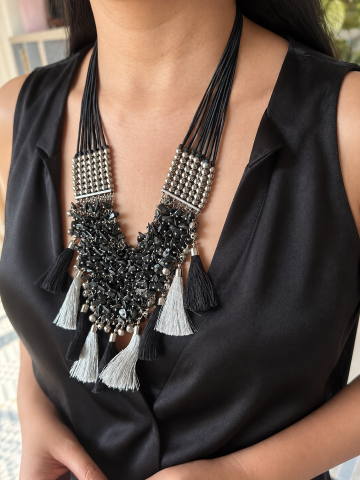 Black Beaded Tribal Tassel Necklace