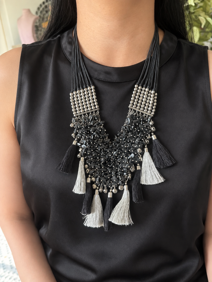 Black Beaded Tribal Tassel Necklace