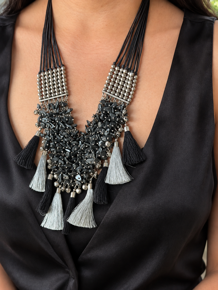 Black Beaded Tribal Tassel Necklace