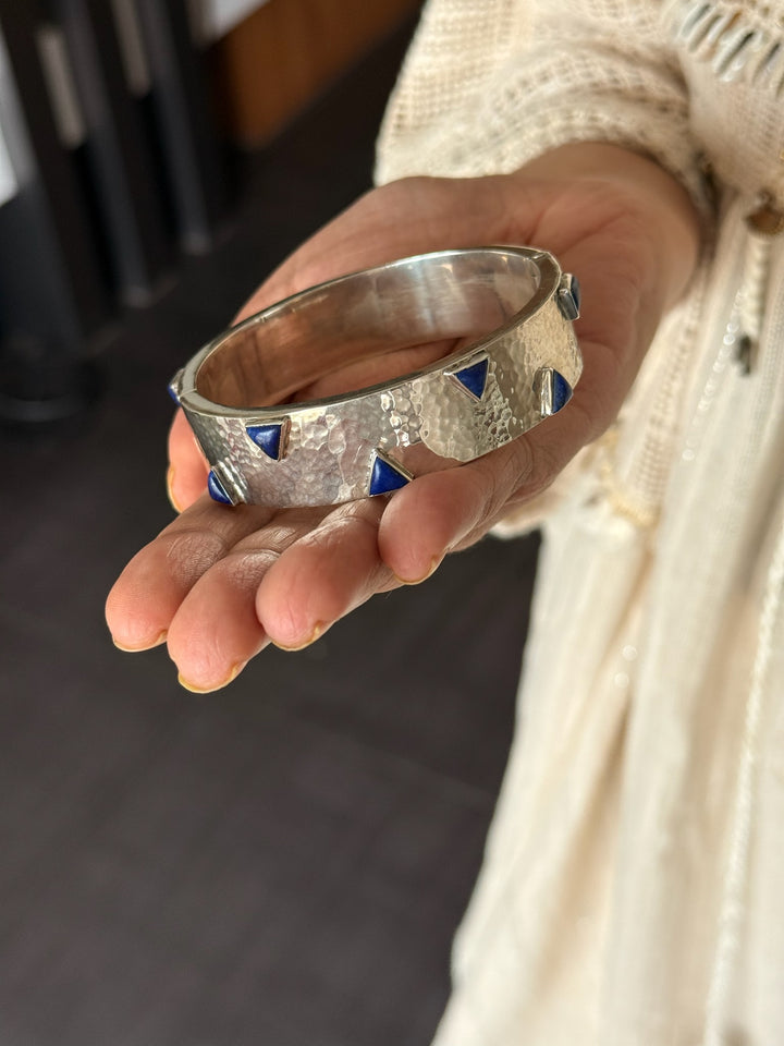 925 Silver Lapis Bangle | Textured Cuff | SHIVKA Jewelry
