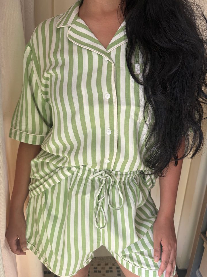 Striped Green Cotton Night Suit - Set of Two