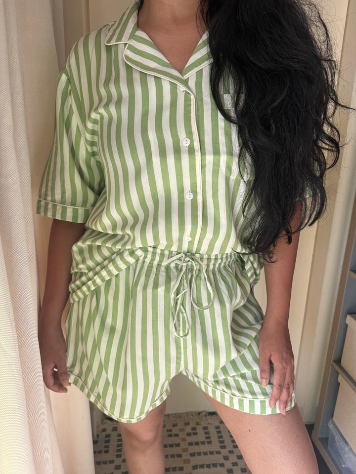 Striped Green Cotton Night Suit - Set of Two