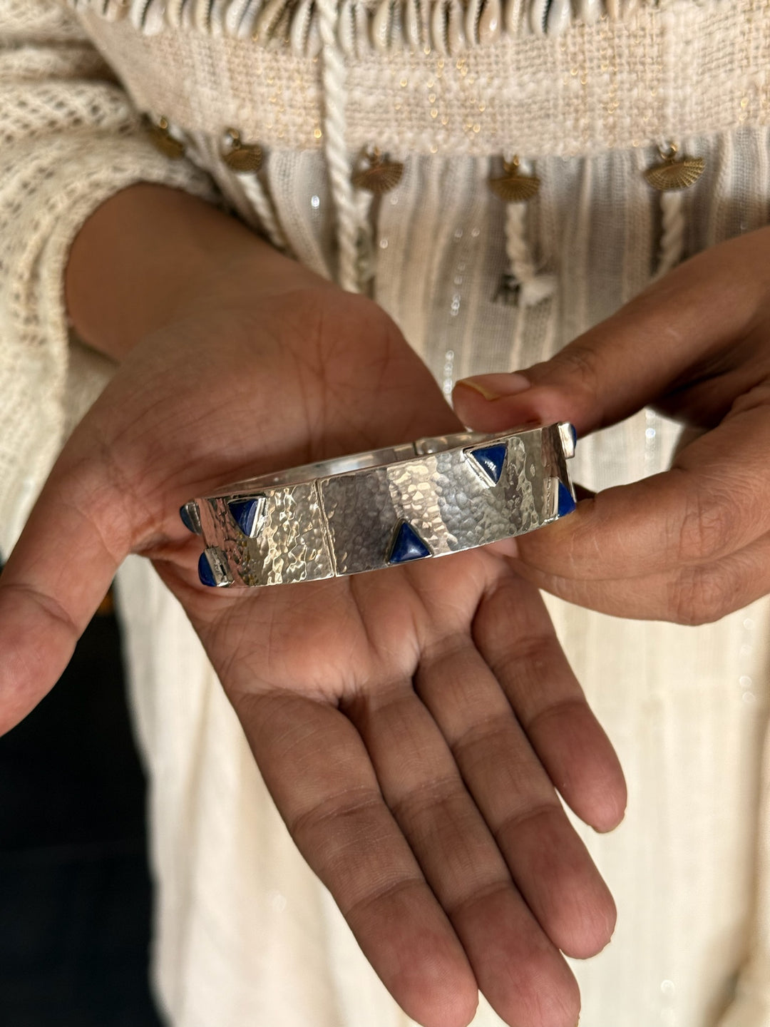 925 Silver Lapis Bangle | Textured Cuff | SHIVKA Jewelry