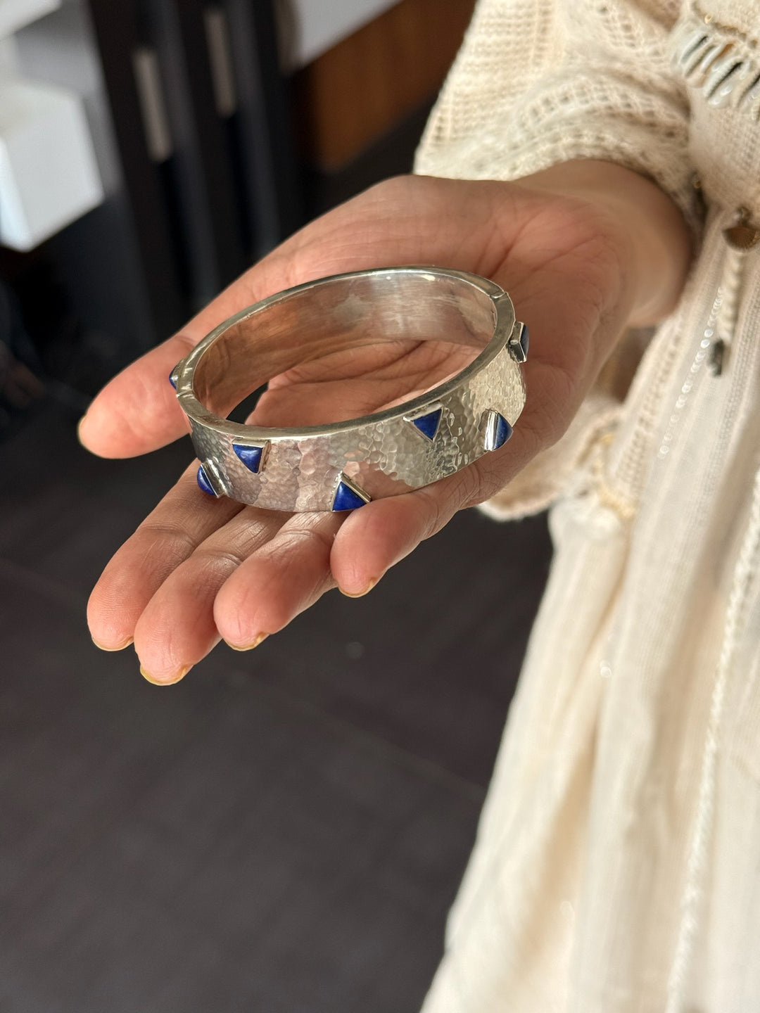 925 Silver Lapis Bangle | Textured Cuff | SHIVKA Jewelry