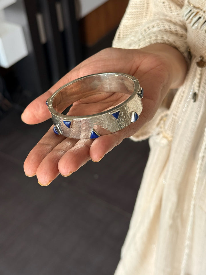 925 Silver Lapis Bangle | Textured Cuff | SHIVKA Jewelry