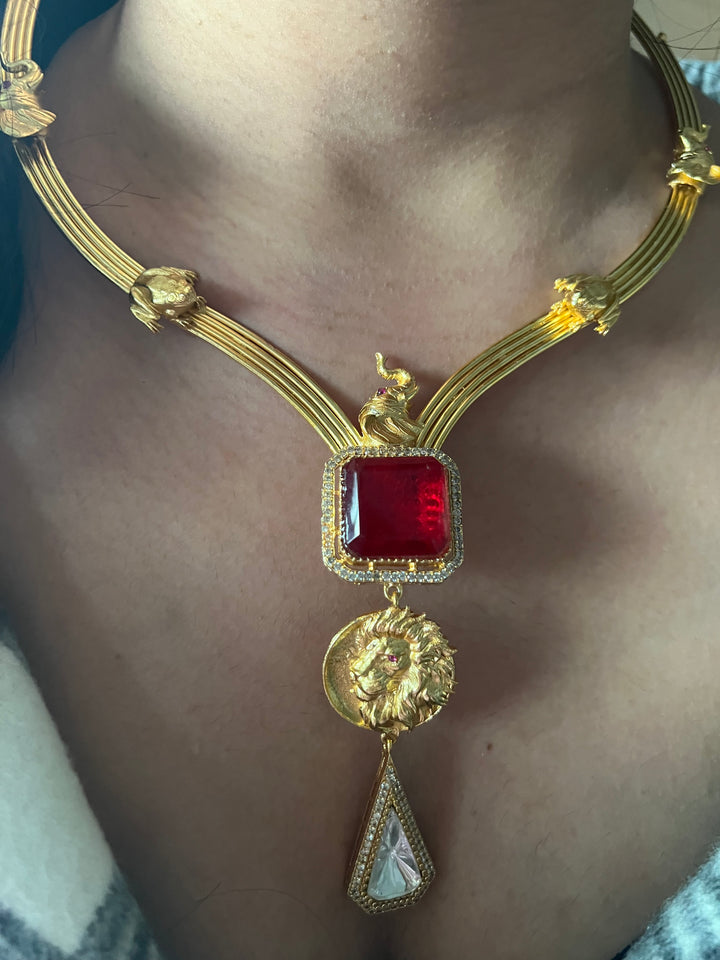 Elegant Animal Figurine Designer Necklace Set | SHIVKA | Brass, Copper & Silver | Perfect for Destination Weddings