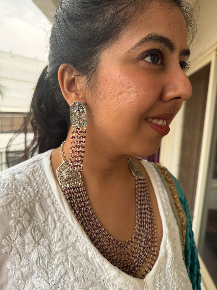 Handmade 925 Silver Red Garnet Beads Necklace Set | SHIVKA