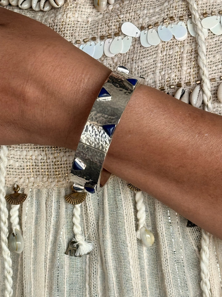 925 Silver Lapis Bangle | Textured Cuff | SHIVKA Jewelry